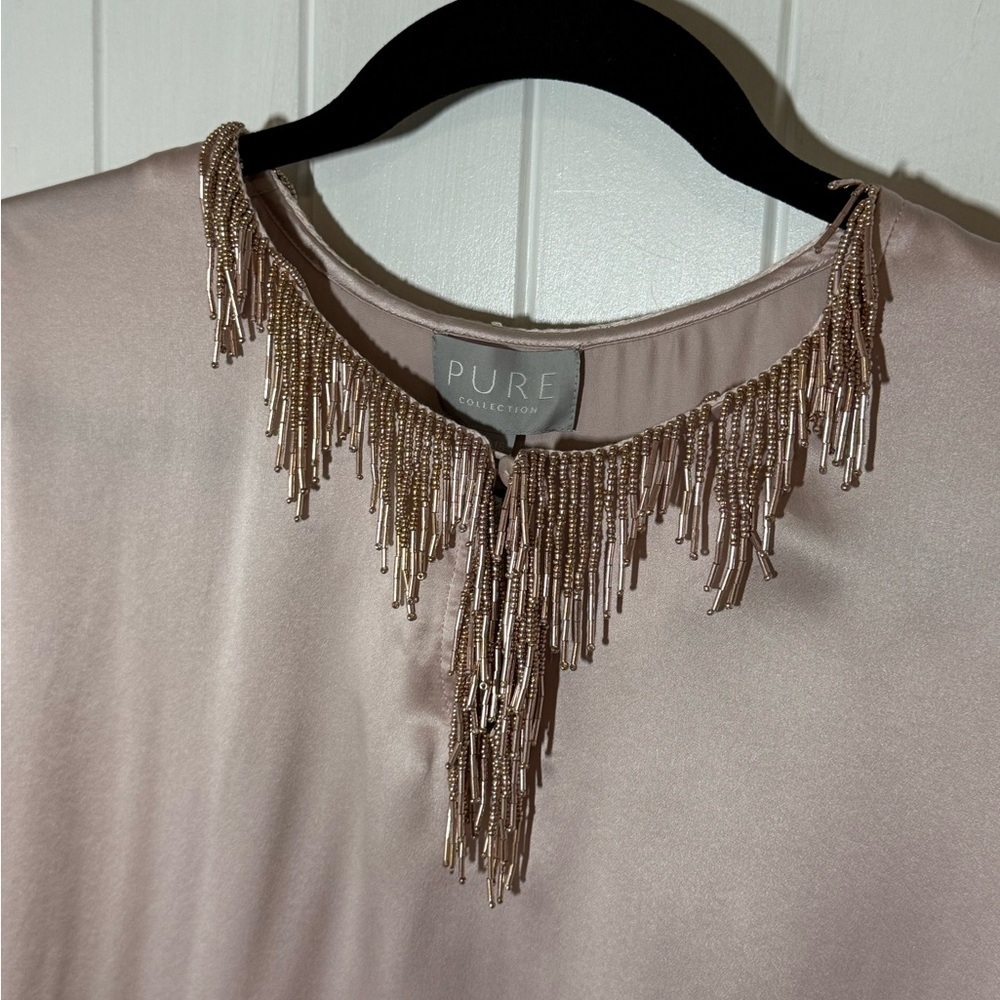 Pure Collection 100% Silk Top with Beaded Fringe in Light Pink - Picture 5 of 12